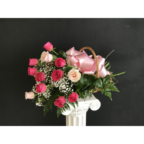 Dozen Roses in a French Basket-NE Flower Boutique