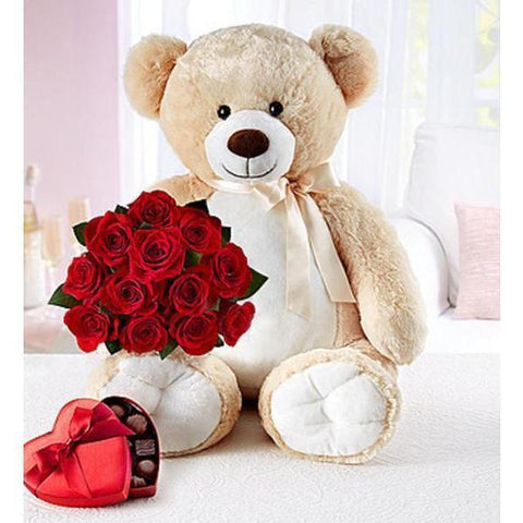 Jumbo Bear, Dozen and Chocolates-NE Flower Boutique