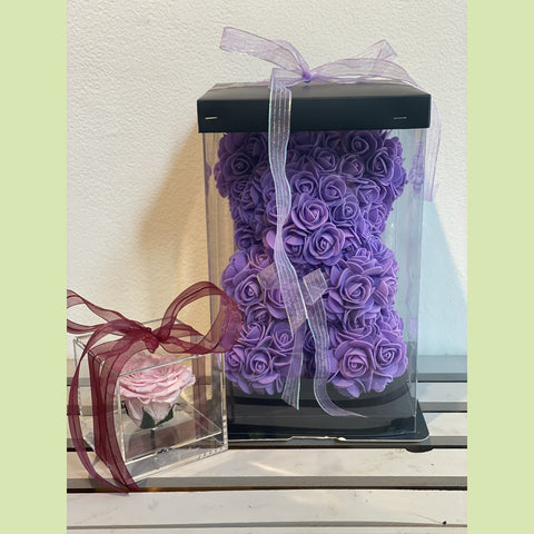 Mini Rose bear and a forever rose in acrylic box-NE Flower Boutique