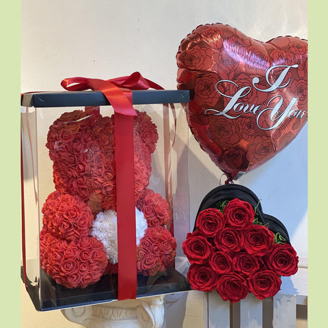 Rose Bear, Heart box and Balloon-NE Flower Boutique