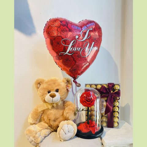 Teddy bear, Forever rose in a dome, Ferraro Rocher and a Balloon-NE Flower Boutique
